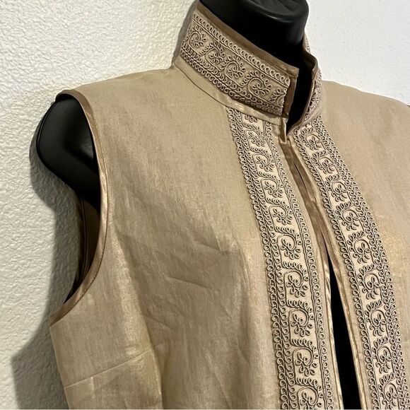 Peter Nygard Boho Gold Linen Blend Mandarin Collar Embellished Open Waist Vest M - Picture 2 of 14
